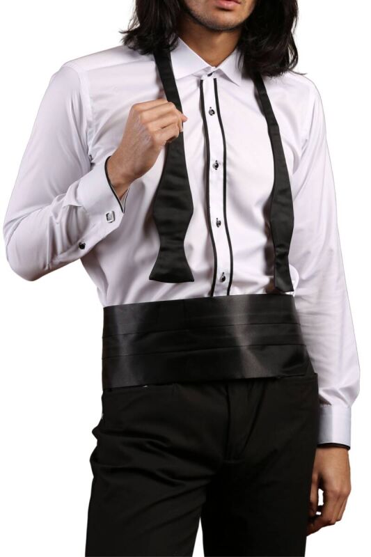 Beyaz Siyah Çift Bieli Damatlık Ata Yaka Kol Düğmeli Slim Fit Smokin Gömlek - 003 - 1