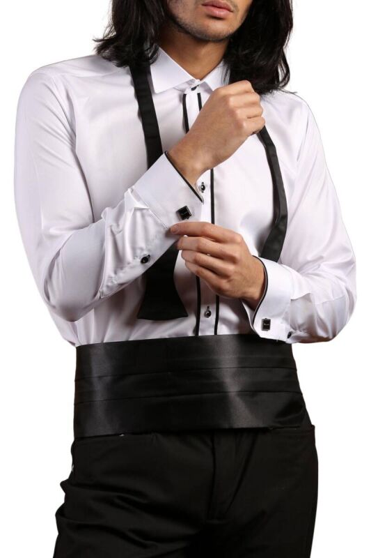 Beyaz Siyah Çift Bieli Damatlık Ata Yaka Kol Düğmeli Slim Fit Smokin Gömlek - 003 - 2
