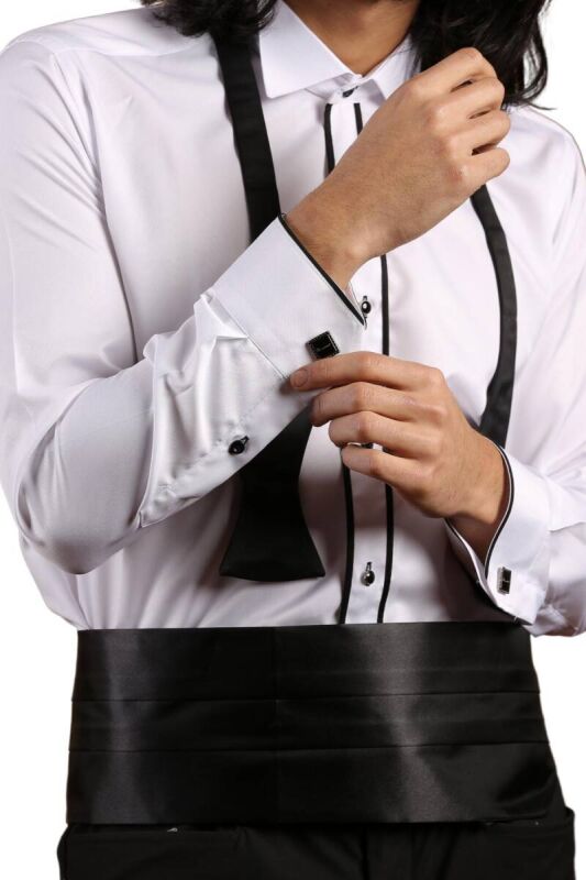 Beyaz Siyah Çift Bieli Damatlık Ata Yaka Kol Düğmeli Slim Fit Smokin Gömlek - 003 - 3