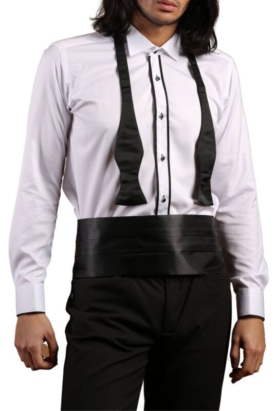 Beyaz Siyah Çift Bieli Damatlık Ata Yaka Kol Düğmeli Slim Fit Smokin Gömlek - 003 - 6