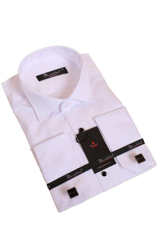 Beyaz Siyah Taş Düğmeli Damatlık Ata Yaka Kol Düğmeli Slim Fit Smokin Gömlek - 006 - 1