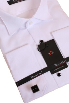 Beyaz Siyah Taş Düğmeli Damatlık Ata Yaka Kol Düğmeli Slim Fit Smokin Gömlek - 006 - 2