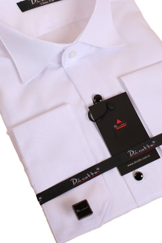 Beyaz Siyah Taş Düğmeli Damatlık Ata Yaka Kol Düğmeli Slim Fit Smokin Gömlek - 006 - 2