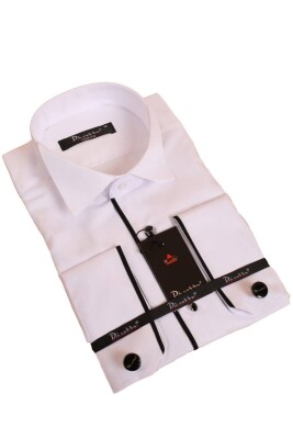 Beyaz Siyah Tek Bieli Damatlık Ata Yaka Kol Düğmeli Slim Fit Smokin Gömlek - 027 