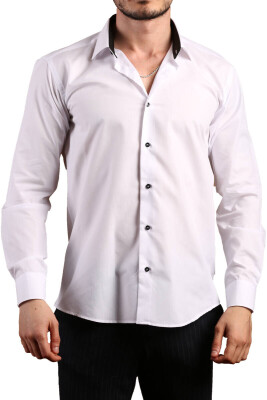 Beyaz Yaka İçi Siyah Dar Kesim Slim Fit Uzun Kol Düz Renk Erkek Gömlek - 152-1 /151 