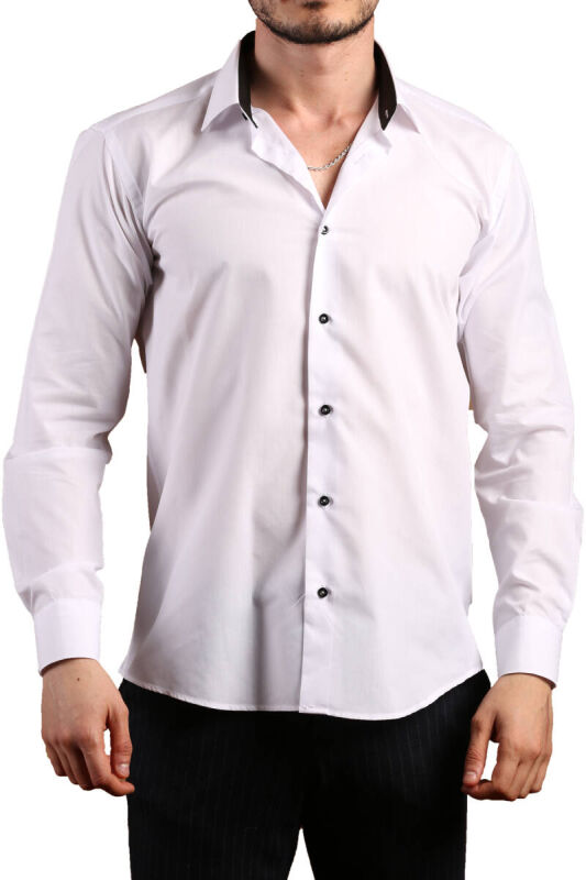 Beyaz Yaka İçi Siyah Dar Kesim Slim Fit Uzun Kol Düz Renk Erkek Gömlek - 152-1 /151 - 1