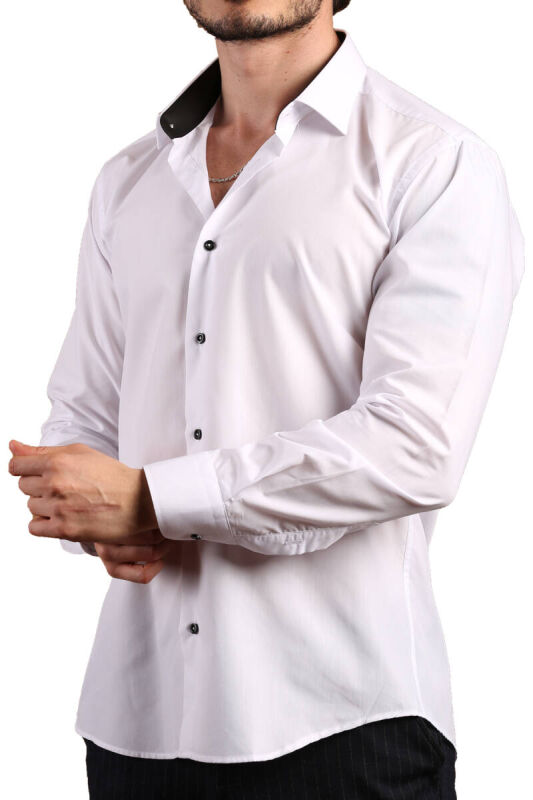 Beyaz Yaka İçi Siyah Dar Kesim Slim Fit Uzun Kol Düz Renk Erkek Gömlek - 152-1 /151 - 2