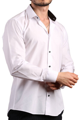 Beyaz Yaka İçi Siyah Dar Kesim Slim Fit Uzun Kol Düz Renk Erkek Gömlek - 152-1 /151 - 3