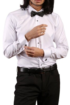 Beyaz Yakma Desenli Siyah Taş Düğmeli Damatlık Ata Yaka Kol Düğmeli Slim Fit Smokin Gömlek - 021 