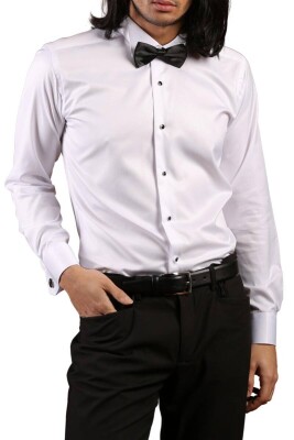Beyaz Yakma Desenli Siyah Taş Düğmeli Damatlık Ata Yaka Kol Düğmeli Slim Fit Smokin Gömlek - 021 - 2