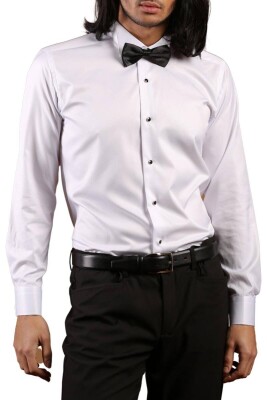 Beyaz Yakma Desenli Siyah Taş Düğmeli Damatlık Ata Yaka Kol Düğmeli Slim Fit Smokin Gömlek - 021 - 6