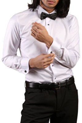 Beyaz Yakma Desenli Siyah Taş Düğmeli Damatlık Ata Yaka Kol Düğmeli Slim Fit Smokin Gömlek - 021 - 7