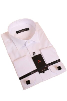 Beyaz Yakma Desenli Siyah Taş Düğmeli Damatlık Ata Yaka Kol Düğmeli Slim Fit Smokin Gömlek - 021 