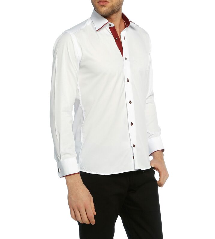 Bordo Bieli Beyaz Micro Kumaş Kol Düğmeli Slim Fit Erkek Gömlek - 216-3 - 1