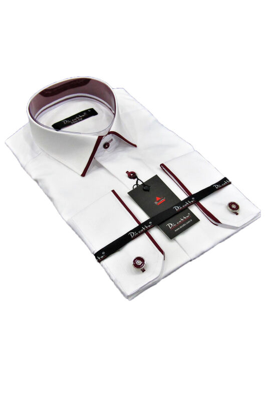 Bordo Bieli Beyaz Micro Kumaş Kol Düğmeli Slim Fit Erkek Gömlek - 216-3 - 1