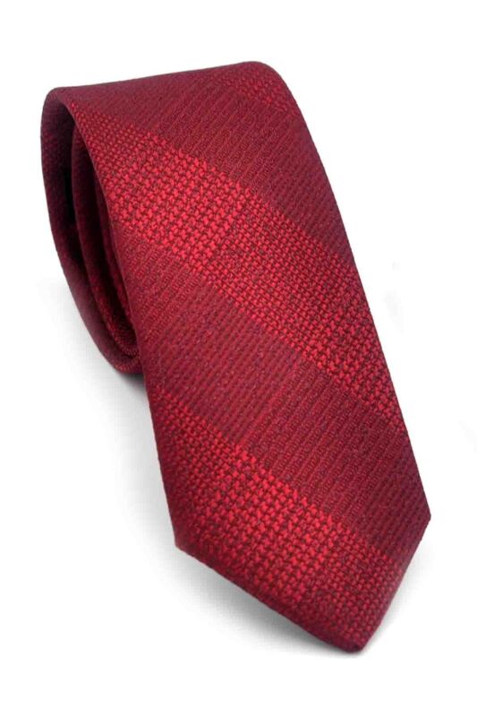 Bordo Kırmızı Verev Desenli Dokuma Kumaş Mendilli Slim Fit Kravat // SDK-250203 - 1