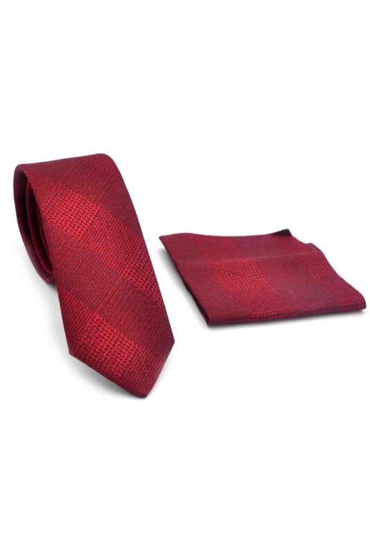 Bordo Kırmızı Verev Desenli Dokuma Kumaş Mendilli Slim Fit Kravat // SDK-250203 - 2