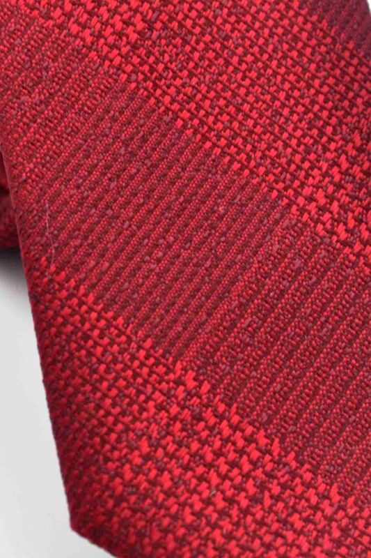 Bordo Kırmızı Verev Desenli Dokuma Kumaş Mendilli Slim Fit Kravat // SDK-250203 - 3
