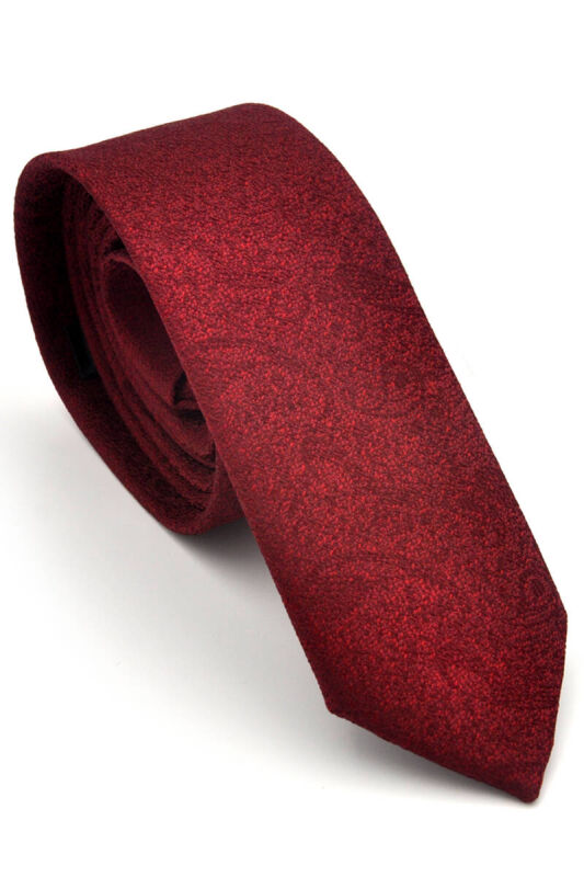 Bordo Şal Desenli Dokuma Kumaş Mendilli Slim Fit Kravat / SDK-230203 - 1