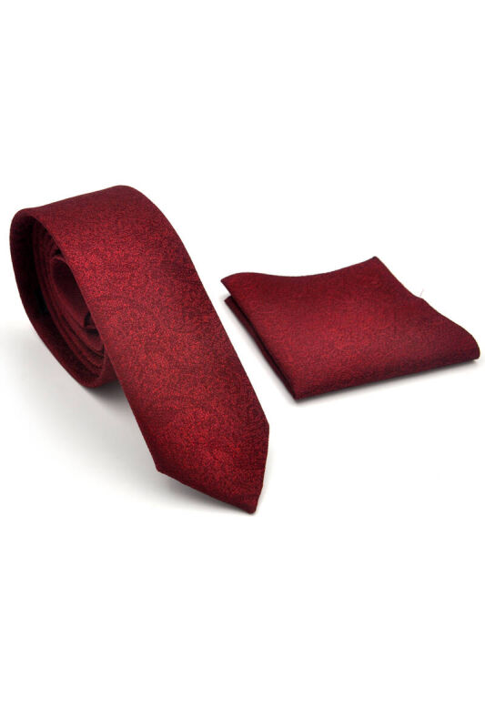 Bordo Şal Desenli Dokuma Kumaş Mendilli Slim Fit Kravat / SDK-230203 - 2