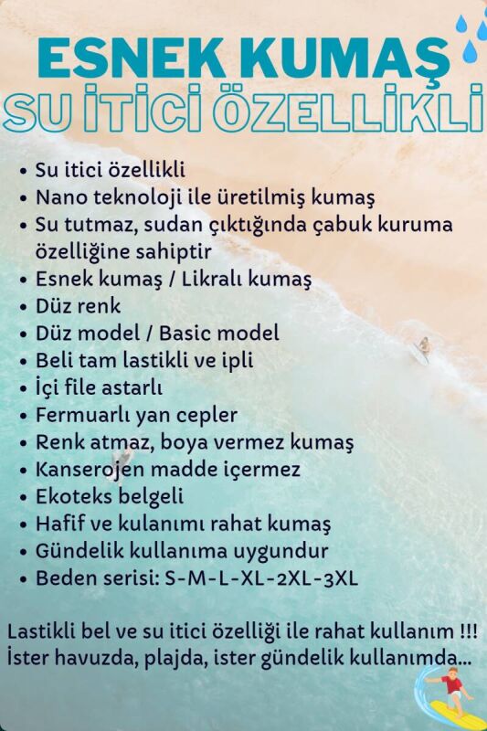 Camel Likralı Esnek Kumaş Su İtici Özellikli Düz Renk Erkek Plaj Deniz Şort Mayo - 2201-Camel - 3