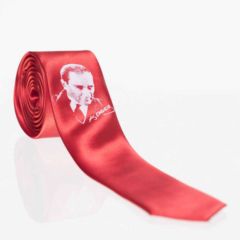 Çocuk Boy Atatürk ve İmza Baskılı Saten Kırmızı Kravat - CK-28 - 1