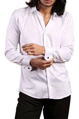 Beyaz Yakma Desenli Dar Kesim Micro Kumaş Kol Düğmeli Slim Fit Erkek Gömlek - 222-1 