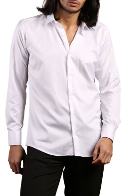Beyaz Yakma Desenli Dar Kesim Micro Kumaş Kol Düğmeli Slim Fit Erkek Gömlek - 222-1 - 2