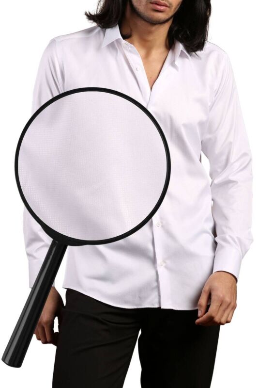 Beyaz Yakma Desenli Dar Kesim Micro Kumaş Kol Düğmeli Slim Fit Erkek Gömlek - 222-1 - 3