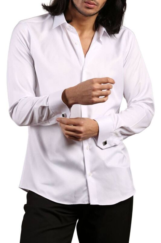 Beyaz Yakma Desenli Dar Kesim Micro Kumaş Kol Düğmeli Slim Fit Erkek Gömlek - 222-1 - 6