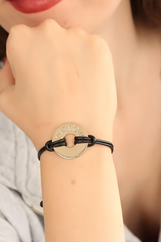FREEDOM (Özgür) Siyah Deri İpli Unisex Mood Bileklik - EBJ250329W32443 - 1