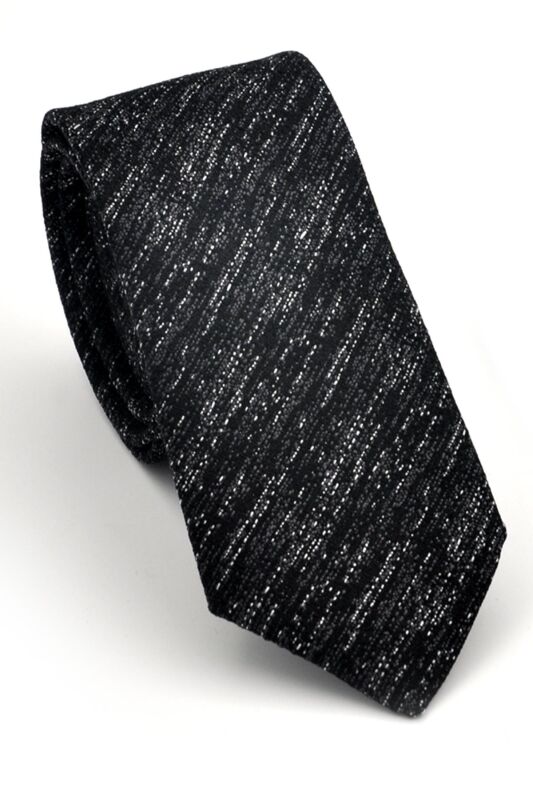 Füme Gri Kırcıl Desenli Siyah Dokuma Kumaş Mendilli Slim Fit Kravat // SDK230918 - 1