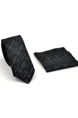 Füme Gri Kırcıl Desenli Siyah Dokuma Kumaş Mendilli Slim Fit Kravat // SDK230918 - 2