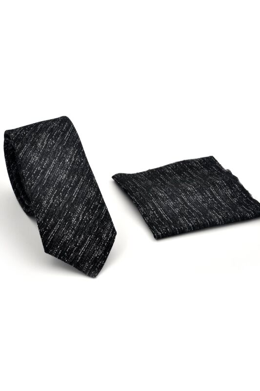Füme Gri Kırcıl Desenli Siyah Dokuma Kumaş Mendilli Slim Fit Kravat // SDK230918 - 2