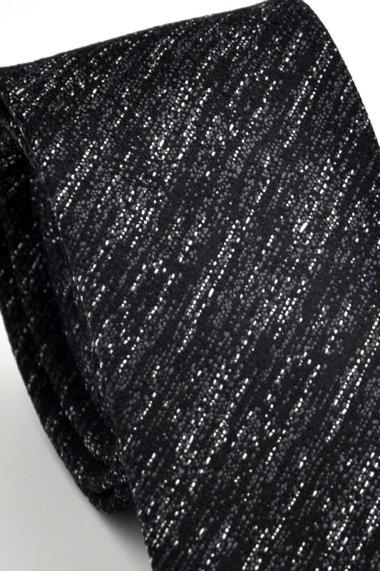 Füme Gri Kırcıl Desenli Siyah Dokuma Kumaş Mendilli Slim Fit Kravat // SDK230918 - 3
