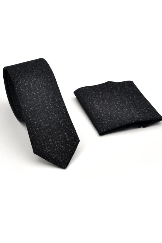 Füme Kırcıl Desenli Siyah Dokuma Kumaş Mendilli Slim Fit Kravat // SDK230916 - 2