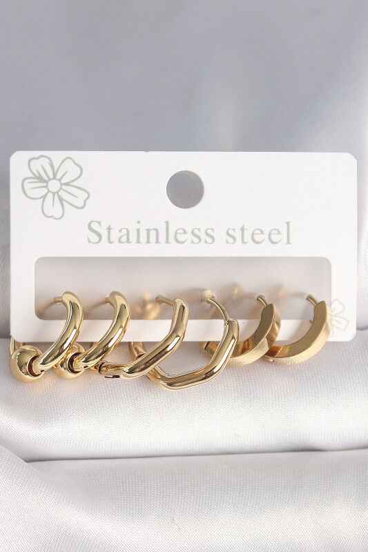 Gold Renk Altıgen Halka Model Kadın Küpe Seti - EBJ250412W32641 - 1