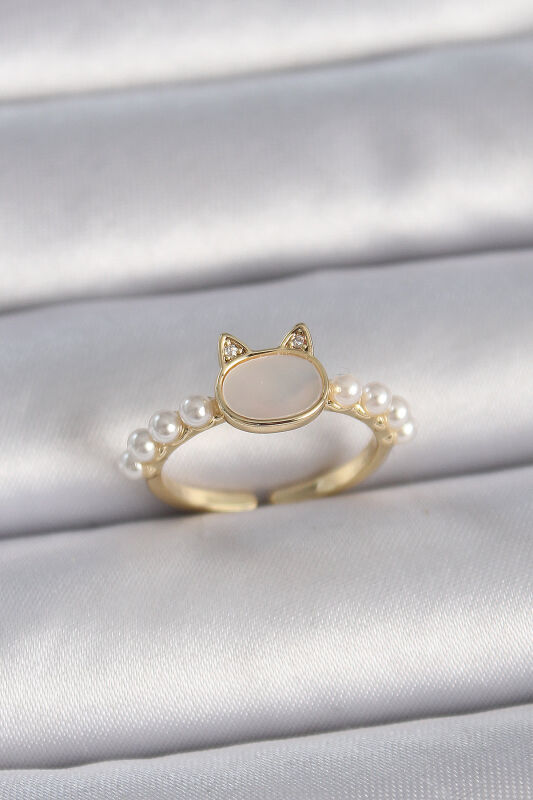 Gold Renk Ayarlanabilir Beyaz Mineli Kedi Model İnci Detay Kadın Yüzük - EBJ261410W29245 - 1