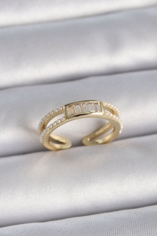 Gold Renk Ayarlanabilir Sıralı İncili Zirkon Taş Detaylı Kadın Yüzük - EBJ261410W29239 - 1