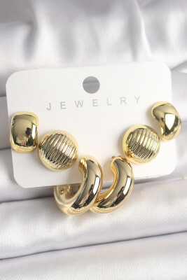 Gold Renk İşlemeli Daire Halka Model CCB Kadın Küpe Seti - EBJ250118W30663 - 1
