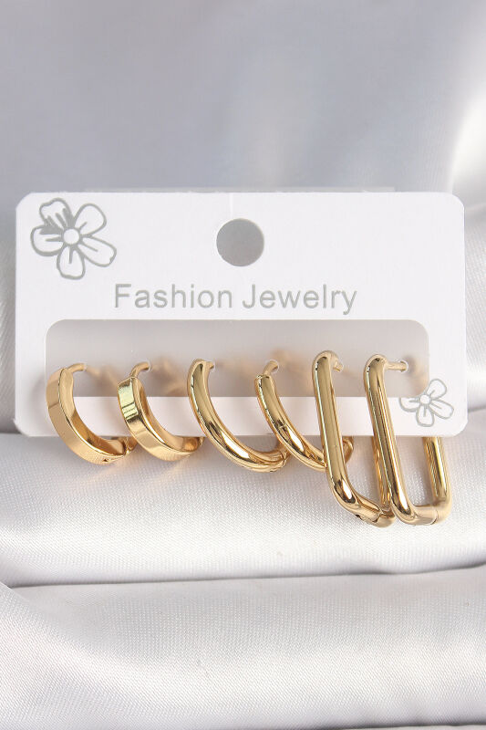 Gold Renk Kare Halka Model Kadın Küpe Seti - EBJ250412W32643 - 1