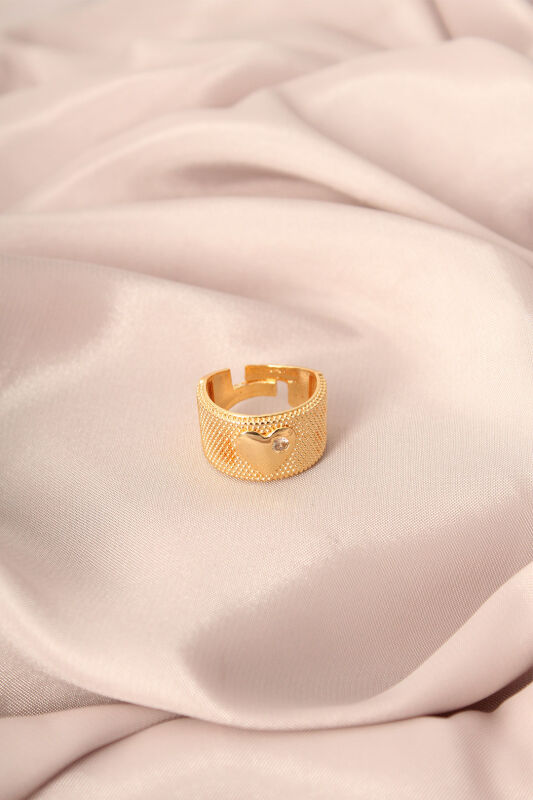Gold Renk Metal Zirkon Taşlı Kalp Model Ayarlanabilir Kadın Yüzük - EBJ250501W33226 - 1