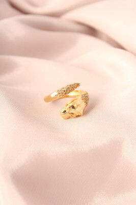 Gold Renk Metal Zirkon Taşlı Kaplan Model Ayarlanabilir Kadın Yüzük - EBJ250501W33223 - 1