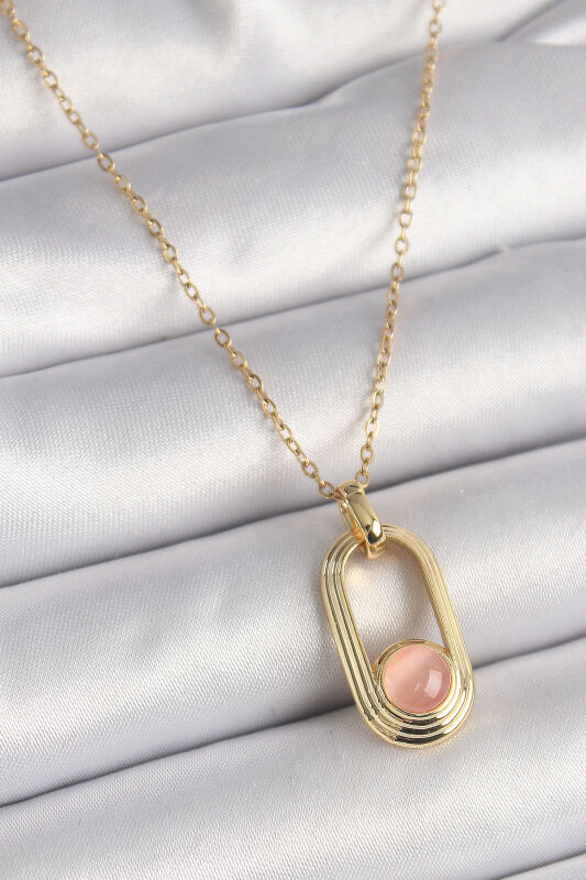 Gold Renk Pembe Kedi Göz Model Kadın Kolye - EBJ241221W30078 - 1
