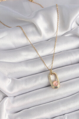 Gold Renk Pembe Kedi Göz Model Kadın Kolye - EBJ241221W30078 - 2