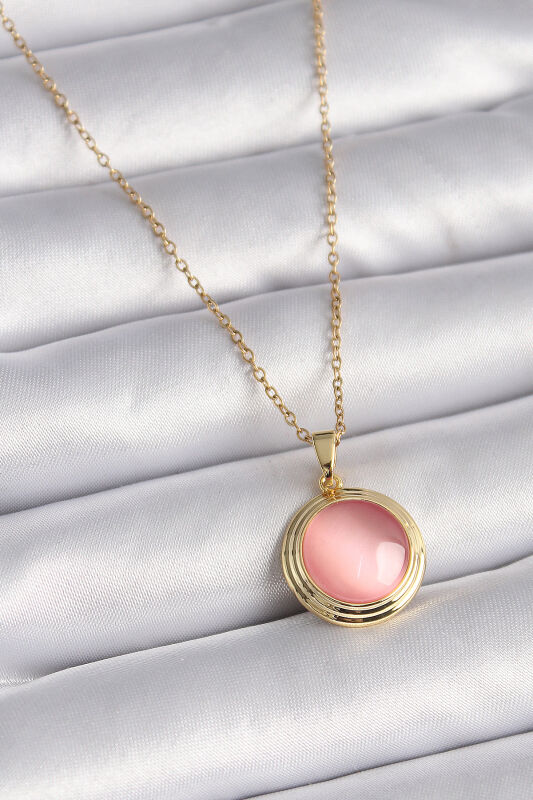 Gold Renk Pembe Sedefli Daire Model Kadın Kolye - EBJ241109W28954 - 1