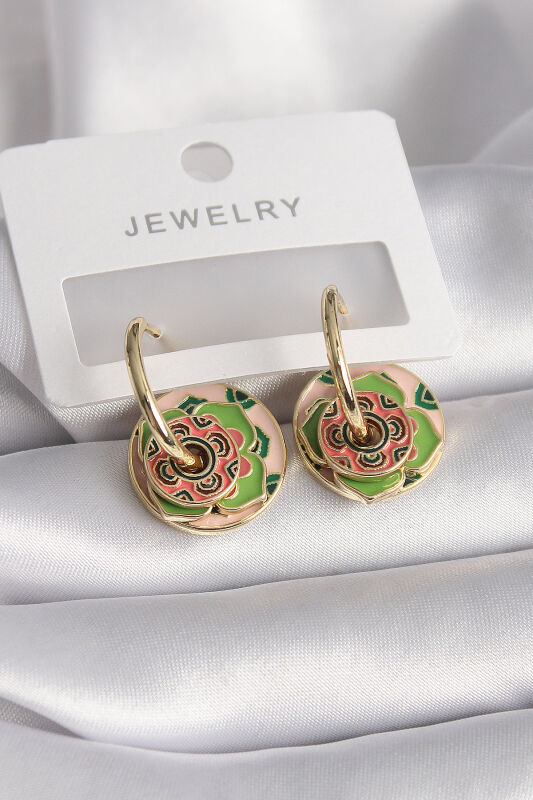 Gold Renk Pembe Yeşil Renkli Motif Model Kadın Küpe - EBJ241109W28965 - 1
