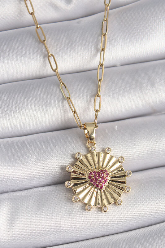 Gold Renk Pembe Zirkon Taşlı Kalp İşleme Madalyon Model Kadın Kolye - EBJ241130W29611 - 1