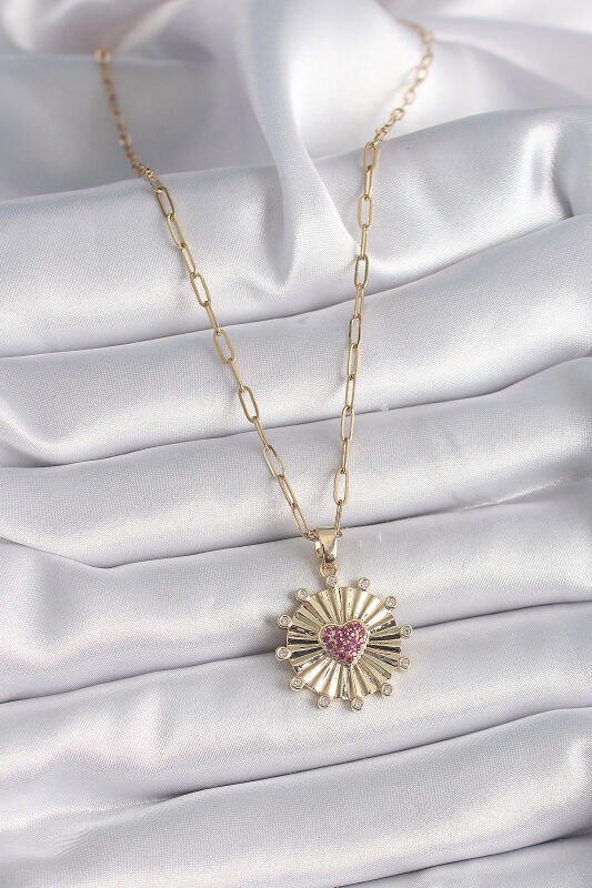 Gold Renk Pembe Zirkon Taşlı Kalp İşleme Madalyon Model Kadın Kolye - EBJ241130W29611 - 2