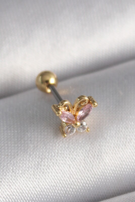 Gold Renk Pembe Zirkon Taşlı Kelebek Tragus Piercing - EBJ241123W29391 - 1